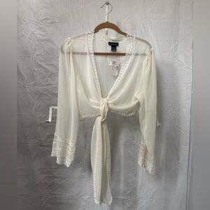 Lane Bryant Cream Sheer Tie-Front Lace Trim Top
